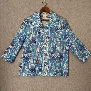 Vintage a la carte Blue Funky Full Zip Women's XL Sheer‎ Jacket 3/4 Sleeve